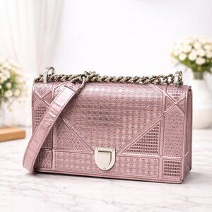 Authentic Christian Dior Diorama Metallic Pink Leather Shoulder Bag